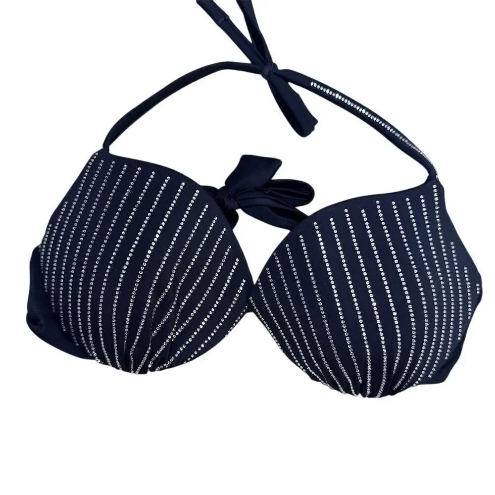 NWOT Calzedonia M Black Crystal Embellished Striped Halter Bikini Set 2 Piece